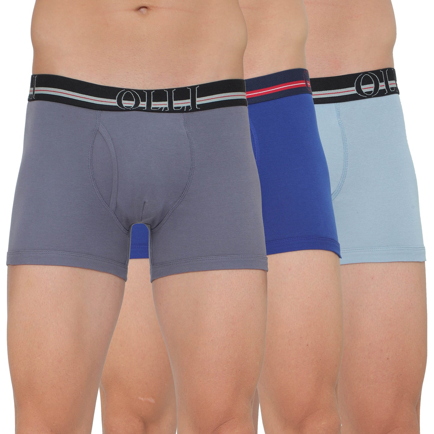 Men's Grey, Swiss Blue & Sky Blue Super Combed Cotton Rib Solid Trunk (Pack of 3)