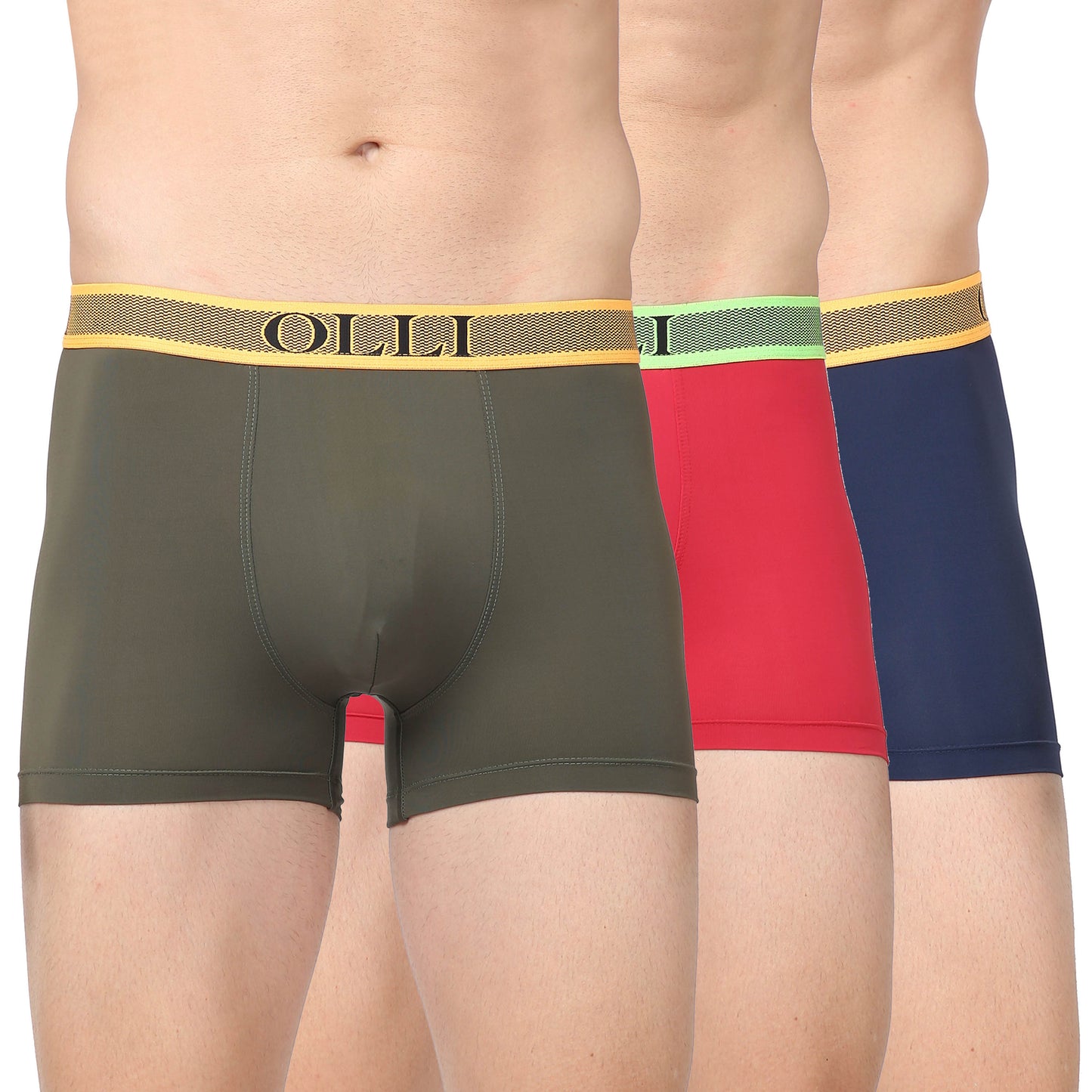 Men's Olive, Maroon & Navy Microfibe Polyamide Elastane Stretch Trunk (Pack of 3)