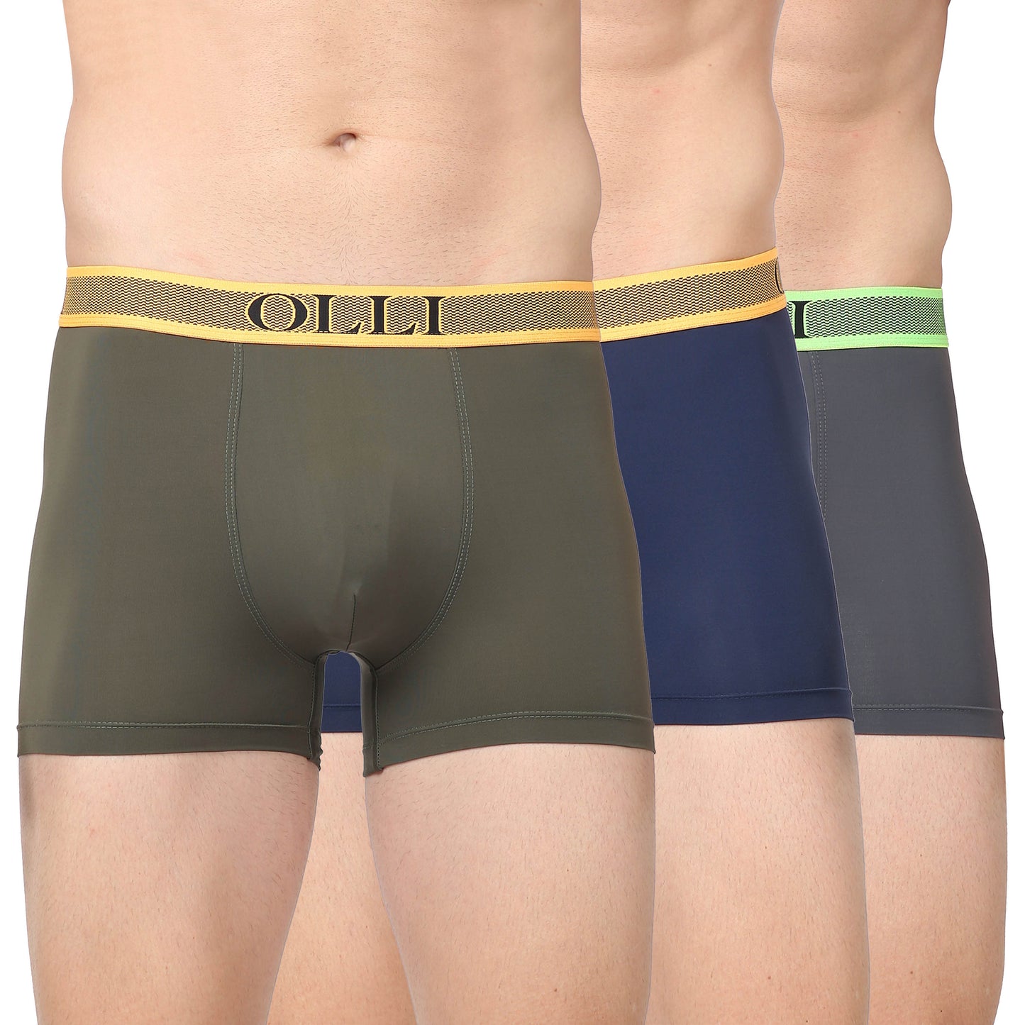 Men's Olive, Navy & Grey Microfiber Polyamide Elastane Stretch Trunk (Pack of 3)