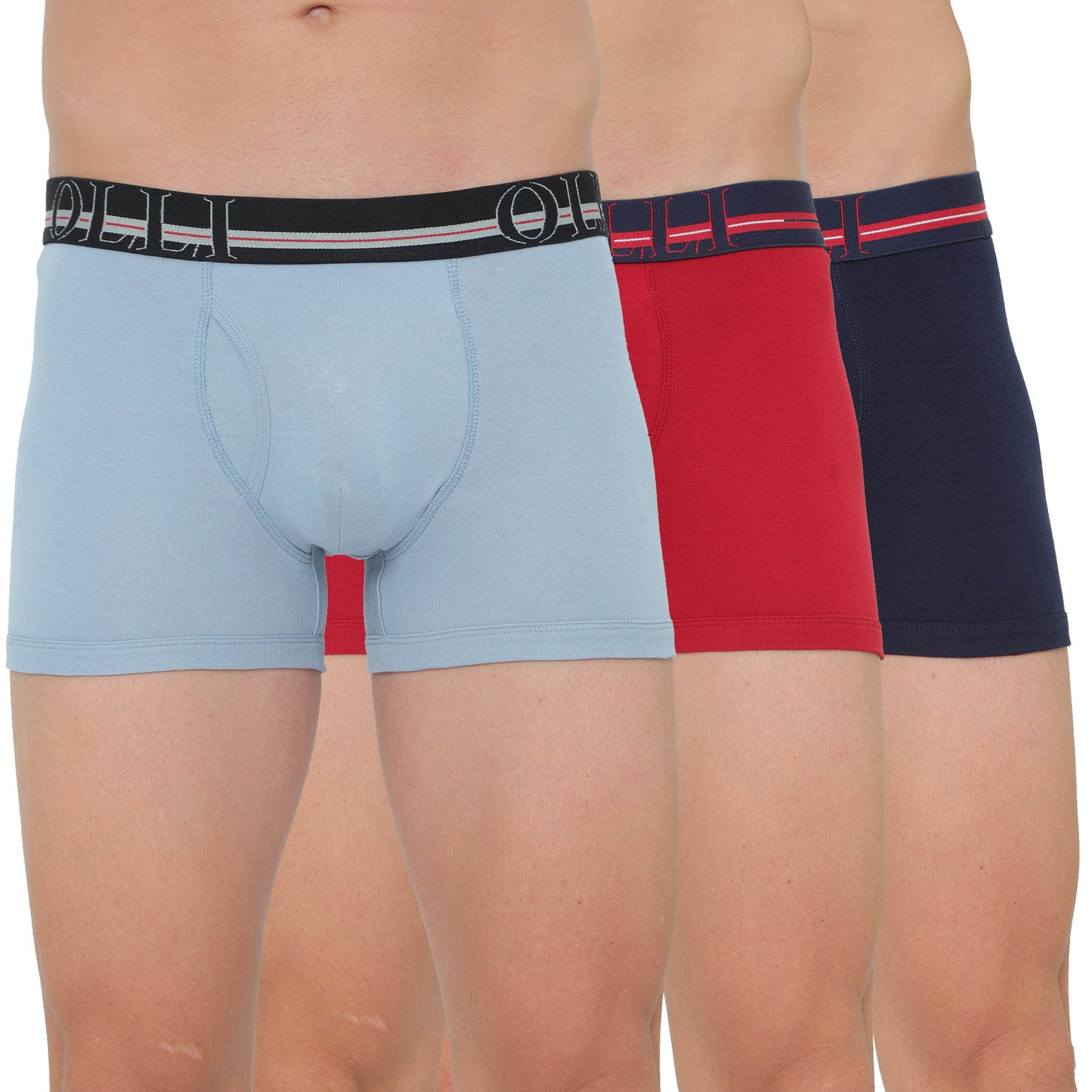 Men's Sky Blue, Red & Navy Super Combed Cotton Solid Trunk (Pack of 3)