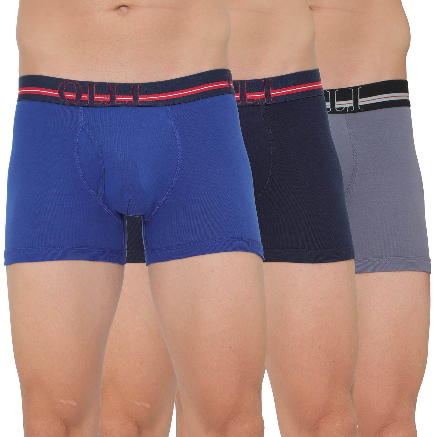 Men's Swiss Blue, Navy & Grey Super Combed Cotton Rib Solid Trunk (Pack of 3)