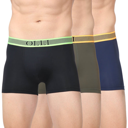 Men's Black, Olive & Navy Microfiber  Polyamide Elastane Stretch Trunk (Pack of 3)