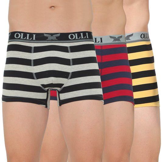 Men's Black, Maroon & Yellow Super Combed Cotton Rib Solid Trunk (Pack of 3)