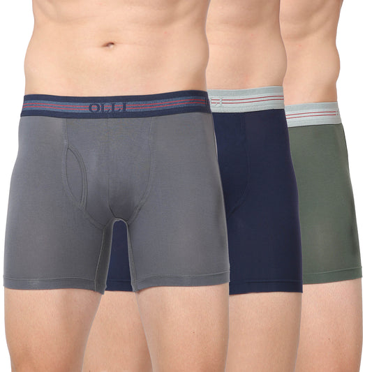 Men's  Grey, Navy & Olive Micro Modal  Elastane Stretch Boxer Brief (Pack of 3)