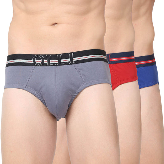 Men's Grey, Red & Swiss Blue Super Combed Cotton  Rib Solid Brief (Pack of 3)