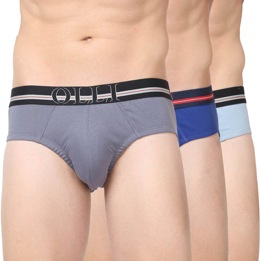 Men's Grey, Swiss Blue & Sky Blue Super Combed Cotton Rib Solid Brief (Pack of 3)