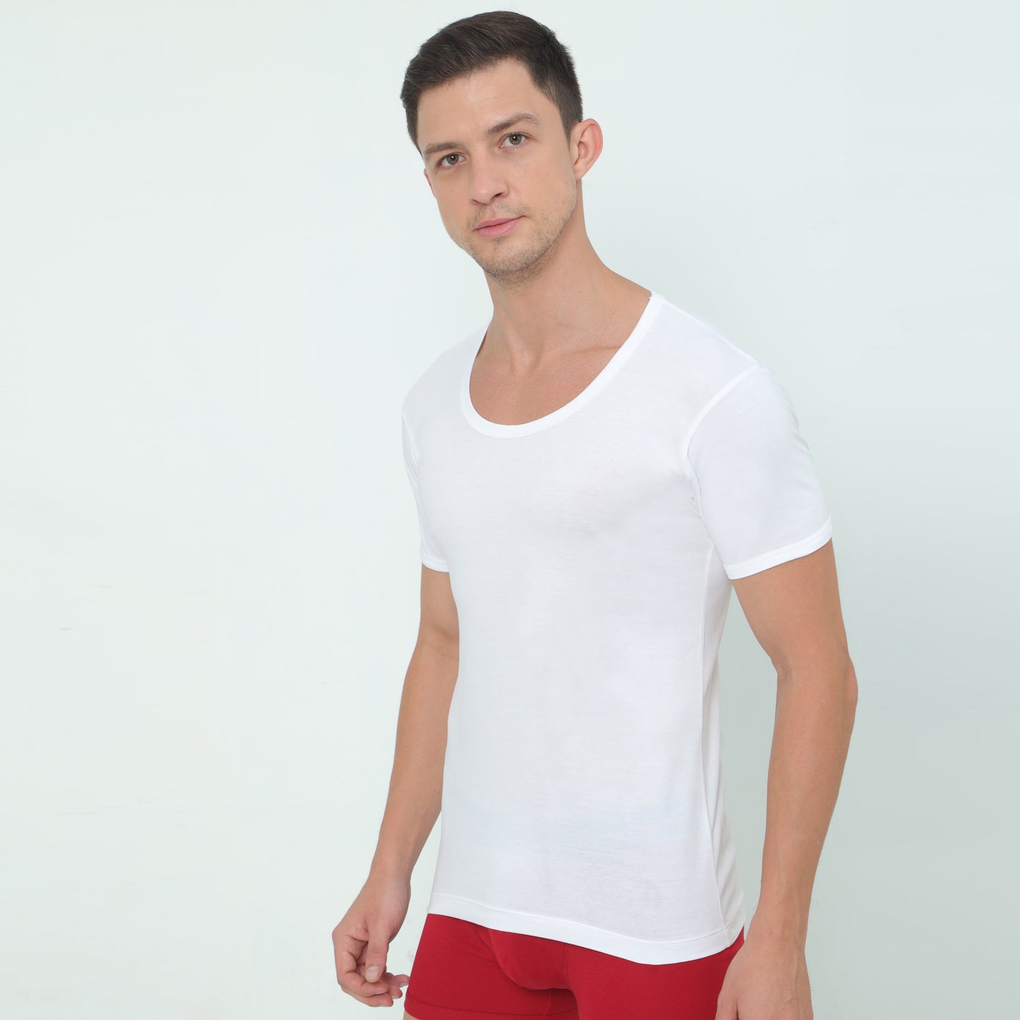 Men's Super Combed White Cotton Round Neck Half Sleeved Vest