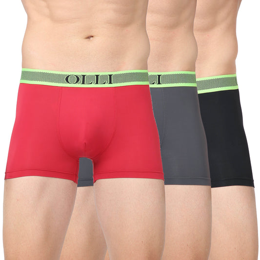 Men's Maroon, Grey & Black Microfiber Polyamide Elastane Stretch Trunk (Pack of 3)