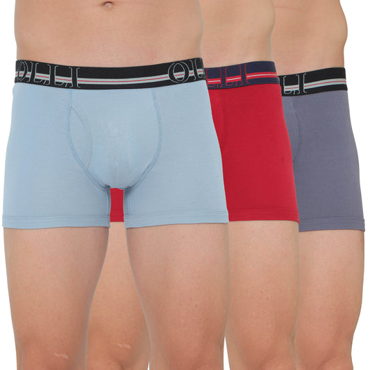 Men's Sky Blue, Red & Grey Super Combed Cotton Rib Solid Trunk (Pack of 3)