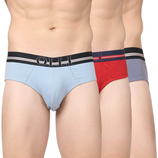 Men's Sky Blue, Red & Grey Super Combed Cotton  Rib Solid Brief (Pack of 3)